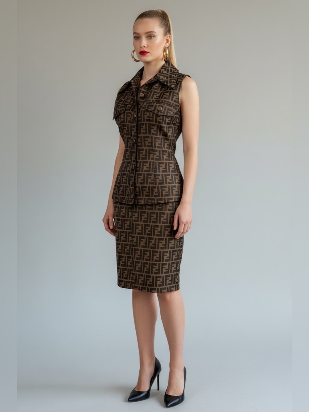 Fendi Brown Logo-Print Sleeveless Top And Skirt